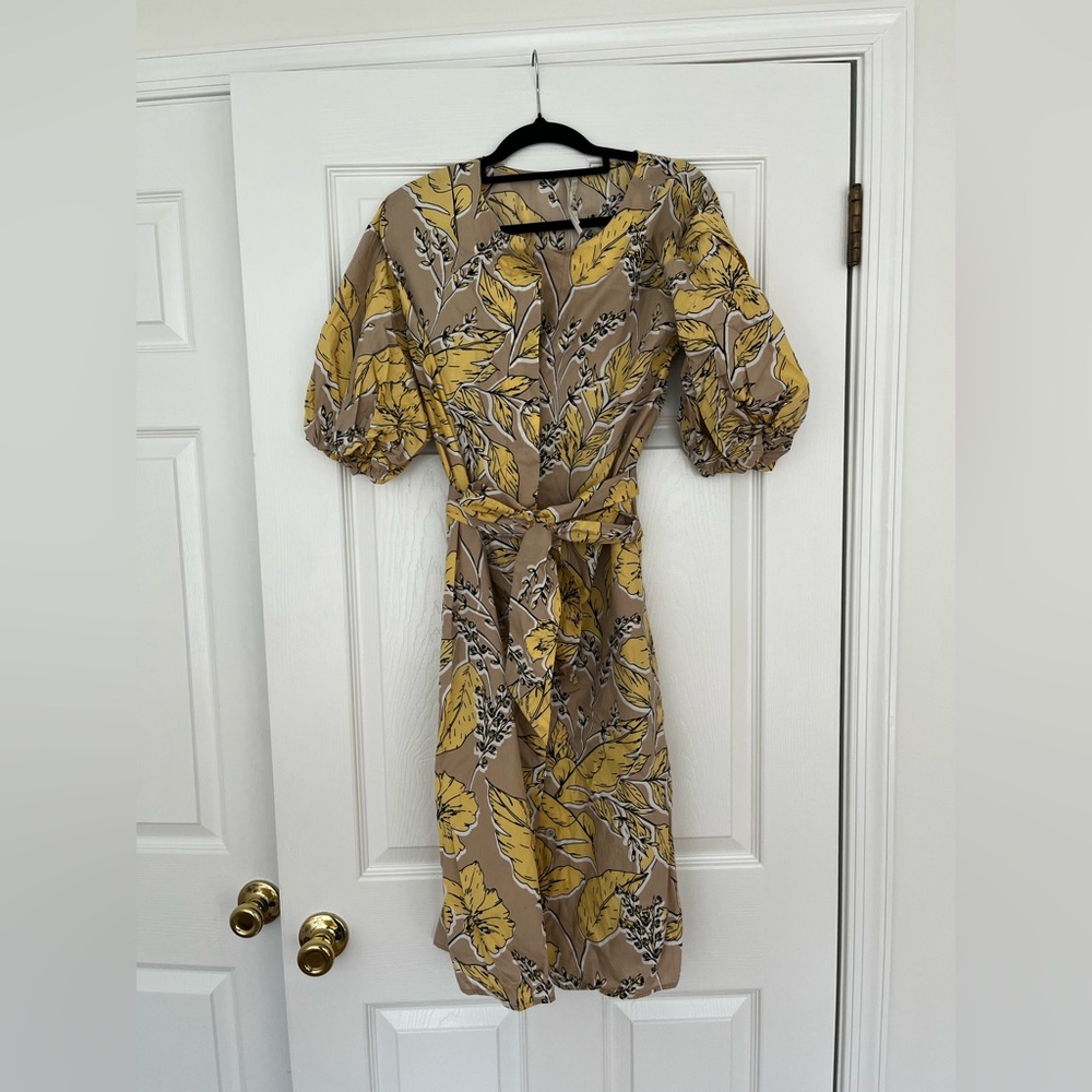 NWOT Anthropologie Josephine Puff Sleeves Midi Belt Dress, small, color neutral